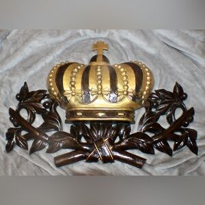 Large hand carved wood and painted crown with laurels wall art
